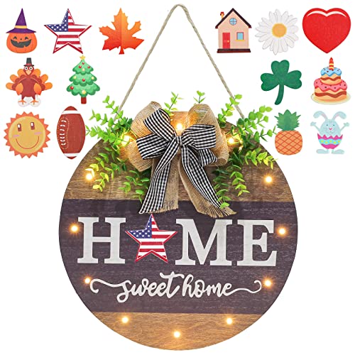 Interchangeable Welcome Sign for Front Door with 14 Changeable Icons, Farmhouse Front Porch Decor Rustic Wooden Wall Sign with 12 LED Lights, Outdoor Seasonal Welcome Home Decorations (Wood home1) - color: Wood-Home