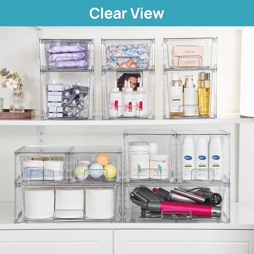 Vtopmart 7 Pack Stackable Storage Drawers, Easily Assemble Clear Plastic Organizer Bins, Storage Drawer Set for Pantry and Kitchen Cabinet Organization, Bathroom or Closet Storage - style: 1 Wide+2 Medium+4 Small