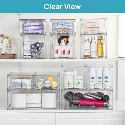 Vtopmart 7 Pack Stackable Storage Drawers, Easily Assemble Clear Plastic Organizer Bins, Storage Drawer Set for Pantry and Kitchen Cabinet Organization, Bathroom or Closet Storage - style: 1 Wide+2 Medium+4 Small