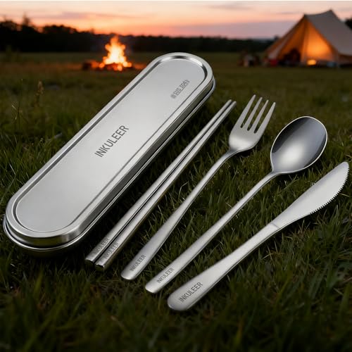 INKULEER Travel Cutlery Set - 18/8 Stainless Steel Reusable Utensils with Metal Case, Portable Silverware for Camping, Office, Travel & Outdoor Dining - color: Silver