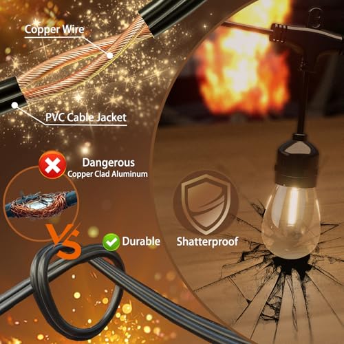 Outdoor String Lights 48FT, Commercial Grade Patio Lights with 16 (15+1) S14 Shatterproof Bulbs for Bistros Backyard Porch Party, IP65 Waterproof 2700K Warm White - color: 48FT-16Bulb