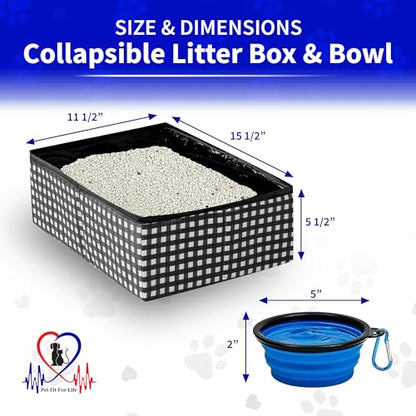 Pet Fit For Life - Vibrant Collapsible Travel Cat Litter Box - Portable, Foldable, Compact Design with Bonus Water Bowl - Ideal for Car & Camping - Reusable, Cats Safe - Black, (16"x12"x5") - color: Black