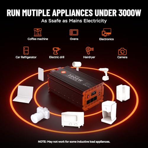 3000 Watt Power Inverter 12V DC to 110V/120V AC Converter Peak Power 6000W Car Inverter with LCD Display 3 AC Outlets, 2 USB & Type-C Port for RV,Truck,Off-Grid Solar System with Remote Controller