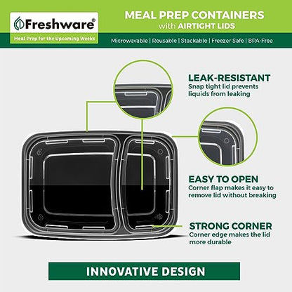 Freshware Meal Prep Containers [15 Pack] 2 Compartment with Lids, Food Storage Containers, Bento Box, BPA Free, Stackable, Microwave/Dishwasher/Freezer Safe (28 oz), Black - size: 2-COMP-28OZ-15PK