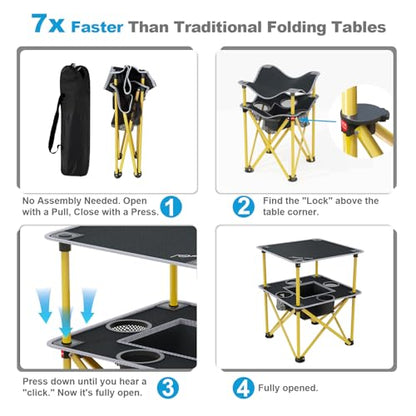 Folding Camping Table with 4 Cup Holders, Lightweight Portable Beach Outdoor Picnic Table, Square Camp Table with Built-in Food Basket Travel Bag for BBQ, Camping, Tailgate - color: Black