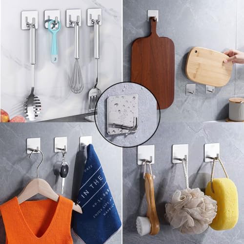 Adhesive Towel Hooks, 8 Pack Self Adhesive Coat Sticky Hooks for Hanging, Stainless Steel Stick on Wall Hat Hook, Bathrooms Kitchen Livingroom Garage, Silver - style: S-Silver-90°
