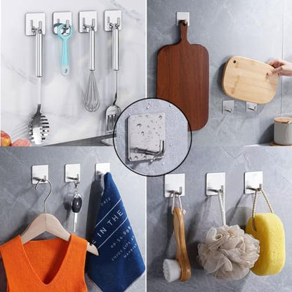 Adhesive Towel Hooks, 8 Pack Self Adhesive Coat Sticky Hooks for Hanging, Stainless Steel Stick on Wall Hat Hook, Bathrooms Kitchen Livingroom Garage, Silver - style: S-Silver-90°