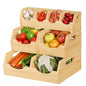 3-Tier Bamboo Storage Bins, Modular Potato & Onion w/ Spices | 4-pc bamboo set: 1 spice tray, 3 veggie baskets. Ventilated. Great for counters, bathrooms, living rooms.