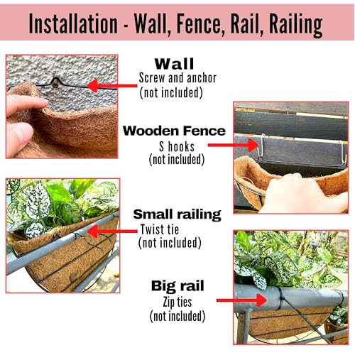 LaLaGreen Wall Hanging Planters (12 Inch, 2 Pack) Wall Mounted Flower Baskets with Coco Liner, Metal Iron Wire Plant Holder for Outdoor Window Box Herb Outside Fence Railing Deck Porch Balcony Garden