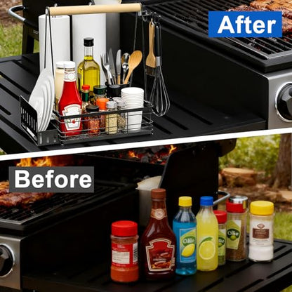 Grill Caddy with Plate Holder and 2Paper Towel Holder, Picnic BBQ Condiment Utensil Organizer Caddy for Outdoor Cooking, RV, Camping Essential, Camper Must Haves, Grilling Gifts