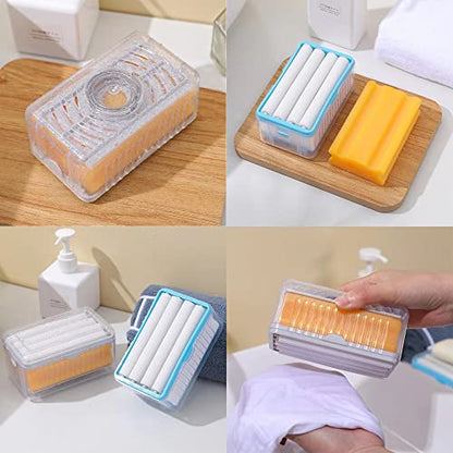 ZINC WEALD Foaming Soap Box, Automatic Soap Dish with Rollers, 2 in 1 Multifunctional Soap Holder for Shower, Bathroom, Kitchen, Blue, Gray
