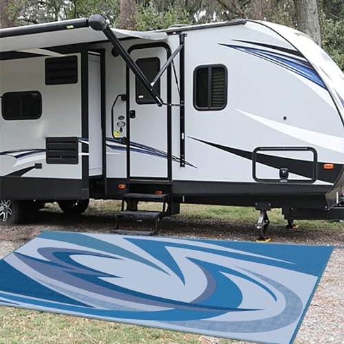 EEZ RV Products 9'x18' Heavy Duty Reversible/Durable Outdoor Patio/RV Mats Come with Large Storage Bag & 6 Sets of Stakes and Washer (Wave Blue) - color: Wave Blue, size: 9' x 18' (Rectangular)
