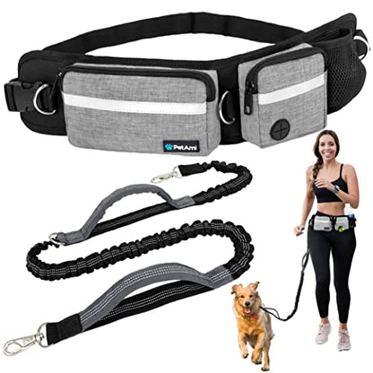 PetAmi Hands Free Dog Leash Belt Bag for Walking, Jogging - Double Zipper Pouch with Poop Bag Dispenser, Dual Padded Handles Reflective Bungee Leash, Single (Heather Grey) - color: Heather Grey, size: 1 Leash
