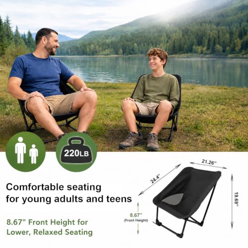 Portable Camping Chair for Young Adults and Teens, Holds 220 LB, Lightweight & Compact Foldable Camp Chair for Backpacking Travel, Outdoor Folding Chair for Beach, Sports, Fishing, Lawn & Concert