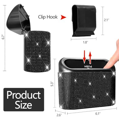 NBTEPEM Bling Car Trash Can with Lid - 2 Pack, Mini Auto Garbage Can with 60 Trash Bags, Automotive Garbage Container Bin, Bling Car Accessories Trash Can for Women (Black Diamond) - color: Black Diamond