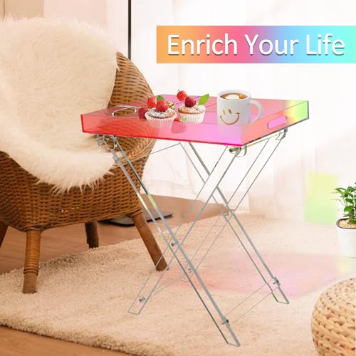 Acrylic Folding Tray Table, Rainbow Color Acrylic Coffee Table, Iridescent Side Table Modern Accent Square End Table for Coffee, Drink, Food, Snack for Living Room & Bedroom