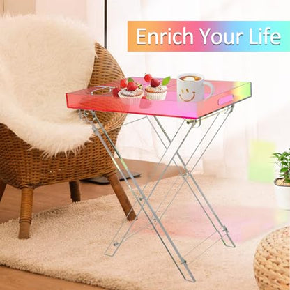 Acrylic Folding Tray Table, Rainbow Color Acrylic Coffee Table, Iridescent Side Table Modern Accent Square End Table for Coffee, Drink, Food, Snack for Living Room & Bedroom