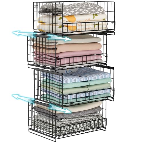 Hongtamoya 4-Tier Sliding Closet Organizers and Storage Shelves, Stackable Closet Shelf Organizer Basket Bins, Drawer Shelf Storage Container for Wardrobe Cupboard Kitchen Bathroom Office, Black - color: Black, size: 12"D x 15.9"W x 31.7"H | Slide-Out