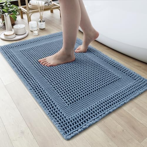 AMOAMI Waffle Bath-Mat, Absorbent Bath Mats for Bathroom Non Slip, Machine Washable Bathroom Rugs with Tassels Ultra Soft Boho Bath Rugs for Floor 18''x30'' Blue - color: Blue, size: 18"x30"
