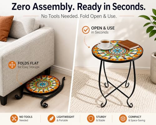 Mosaic Outdoor Side Table Round, 15 Inch Height - Small Patio Table, Foldable Sun Pattern Metal Plant Stand for Garden, Balcony, Porch & Camping - color: Sunburst