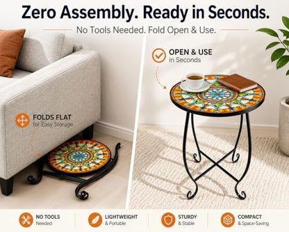 Mosaic Outdoor Side Table Round, 15 Inch Height - Small Patio Table, Foldable Sun Pattern Metal Plant Stand for Garden, Balcony, Porch & Camping - color: Sunburst