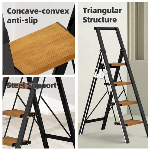 HillhutApex Step Ladder, Aluminum Lightweight Folding 4 Step Stool with Anti-Slip Wide Pedal, 330lbs Capacity Steel Ladder for Household and Office - color: Black&woodgrain, size: 4 Step With Handrail
