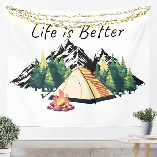 Erosebridal Camfire Tent Glamping Tapestry for Bedroom | Black Smoky Mountain Camping Wall Tapestry Aesthetic Camp Pine Trees Tapestries Large 59x82, Camper Decor Vintage Hanging Wall Art - color: Black Green, size: 82.7"L x 59.1"W