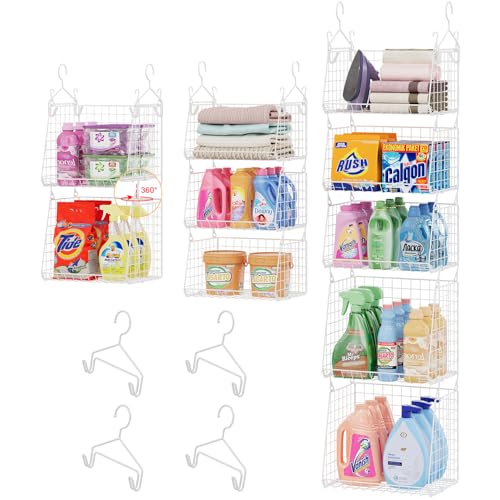 Sonyabecca 5-Tier Hanging Laundry Basket Organizer: Foldable Wire Shelf Basket with 4 Large Hooks 1.65" & 360°Rotating Hooks – Space-Saving Laundry Room Organization for Wardrobe Closet, White Patent - color: White, size: 5-Pack 13.7*11*60inch