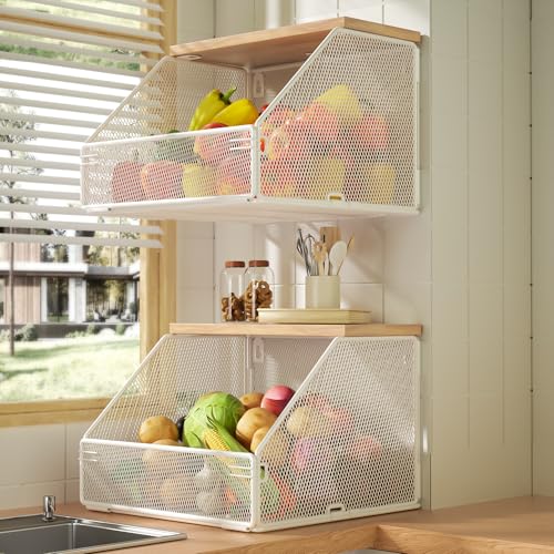 Stackable Fruit Basket for Kitchen Countertop Space Saving, Wall Mounted Mesh Metal Wire Basket with Wood Lid Extra Storage, 2 Pack Kitchen Counter Organizer for Snack, Onion and Potato Storage, White - color: White, size: 2 x Extra Large