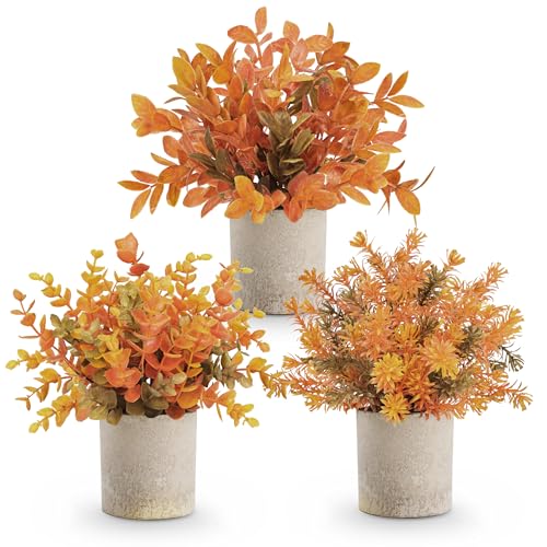 Der Rose 3 Pack Fake Plants Artificial Plastic Eucalyptus in Pot for Home Office Desk Bathroom Farmhouse Table Decor Indoor Warm Orange Accent - color: Orange