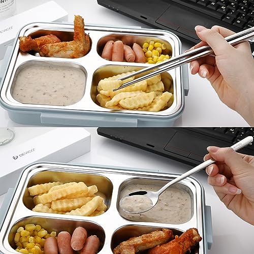 DEVICO Travel Utensils with Case, Portable Silverware Set for Work, 5Pcs 18/8 Stainless Steel Reusable Cutlery with Silicone Slots, Korean Chopsticks Fork and Spoon Set for Lunch, Camping, School