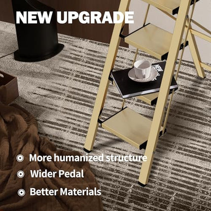 5 Step Step Ladder,Lightweight Folding Step Stool with Anti-Slip Aluminum Wide Pedal&Convenient Handgrip,Steel Ladder for Household and Office(Gold) - color: Gold, size: 5 Step