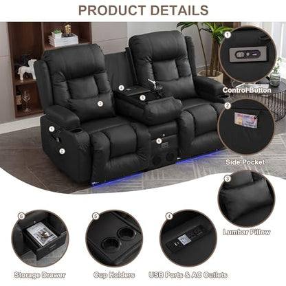 TUNYI Power Loveseat Recliner Sofa with Massage & Heat Home Theater Seating with Console RV Recliner Loveseat Sofa with USB/Storage/Side Pocket/LED Light/Speaker (Black, Loveseat) - color: Black, size: 2 Seat