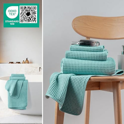 MICROFI Microfiber Waffle Bath Towels, 3 Pieces, Oversized, Soft, Absorbent, Fast Drying, Lint Free, Includes Bath, Face and Hand Towels 430 GSM - color: Turquoise