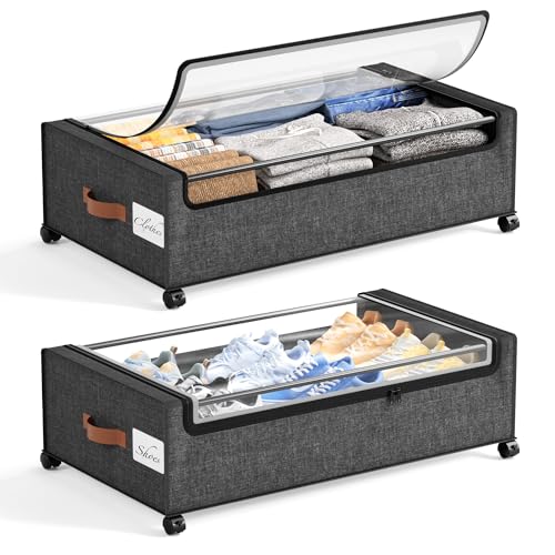 Yecaye 82 L Under Bed Storage with Wheels, 9.4 in Under Bed Storage Containers, Large Under Bed Shoe Storage with Lids, Rolling Underbed Storage bins for Clothes, Blankets, Grey - color: Grey, size: Extra Extra Large(2Pack)-9.4"H