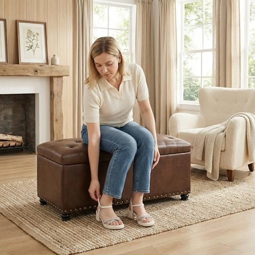 Joveco Storage Ottoman Bench 35" Faux-Leather Rectangular Tufted Ottomans Storage Room Organizer (Caramel) - color: Caramel