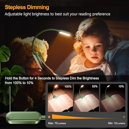 Gritin 16 LED Rechargeable Book Light for Reading in Bed- Eye Caring 3 Color Temperatures, Stepless Dimming Brightness, 80 Hrs Runtime, Lightweight Flexible Clip on Light for Book Lovers-Dark Green | Eye Caring 3 Color Temperatures, Stepless Dimming Brigh