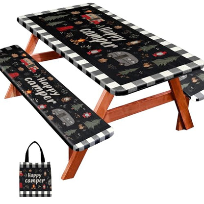 Picnic Table Cover with Bench Covers, Camping Essentials, Fitted Camping Tablecloth with Bag, Waterproof and oilproof with elastic Edge for Indoor Outdoor Patio, 72in (Happy Camper) - color: Happy Camper