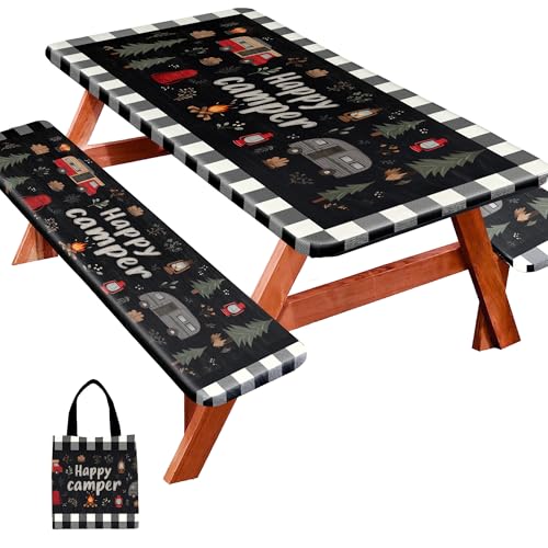 Picnic Table Cover with Bench Covers, Camping Essentials, Fitted Camping Tablecloth with Bag, Waterproof and oilproof with elastic Edge for Indoor Outdoor Patio, 72in (Happy Camper) - color: Happy Camper