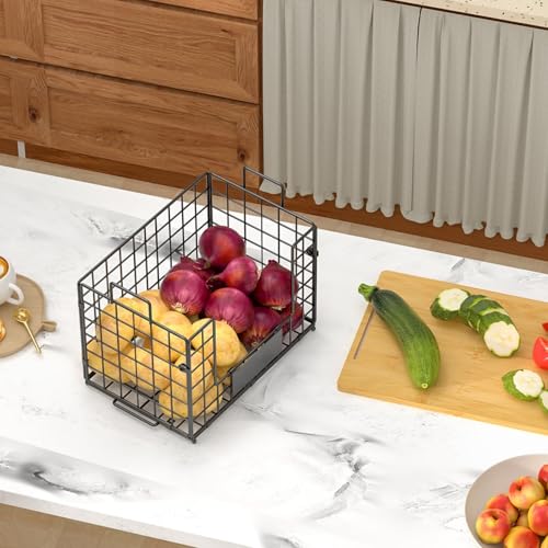 keomaisyto 2 Set XL Stackable Wire Baskets with Bamboo Top- Pantry Organizers and Storage, Kitchen Organization Counter Storage Bins for Potato/Onion/Fruit/Vegetable/Produce, Under Sink Organizing - size: XL-17.28x13.15x8.43