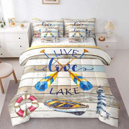 Erosebridal Kids Lake Paddle Bed in A Bag Twin 7 Piece Rustic Farmhouse Bedding Sets Fishing Boat Lighthouse Nautical Comforter Set for Boys Girls,Ocean Coastal Sheet Set with Comforter - color: Beige Brown Blue Yellow, size: Twin