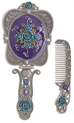 Nerien Antique Mirror Comb Set Vintage Metal Handheld Makeup Mirror with a Comb Russian Embossed Rose Hand Mirror Travel Portable Foldable Mirrors Decorative Tabletop Stand Mirrors Antique Pewter - color: A - Antique Pewter