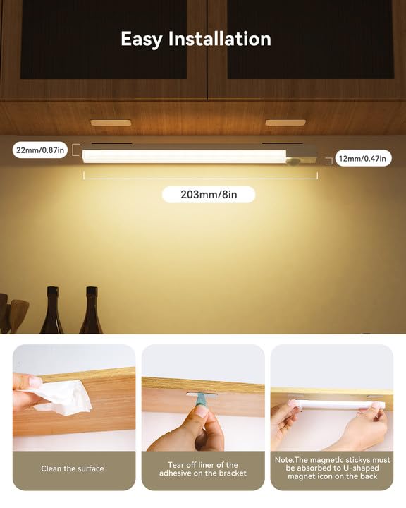 Under Cabinet Lights 8 Inch 3-Pack, Rechargeable Battery Operated Motion Sensor Light Indoor, Dimmable Closet Lights, Wireless Under Counter Lights for Kitchen, Stairs - size: 8inch-3pack