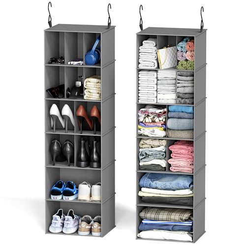 SpaceAid 2 Pack Hanging Closet Organizer and Storage with Dividers, 24 Compartments Hanging Shoe Shelves for Closet, Wardrobe, RV, Garment Rack - Grey - color: Grey