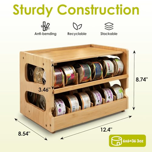 Coanto Cat Food Can Organizer for Pantry, Bamboo 2-Tier FIFO Rotating Can Dispenser, Holds 36 (3oz) Wet Cat Food Cans, Stackable Storage Shelf for Kitchen Cabinet