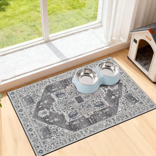 famibay Dog Food Mat, Absorbent Cat Dog Mats for Food and Water, No Stains Quick Dry Pet Cat Bowl Mats with Non Slip Backing, Boho Pet Feeding Mat for Floor Waterproof 16"x24" - color: Vintage Grey, size: M(16"×24")