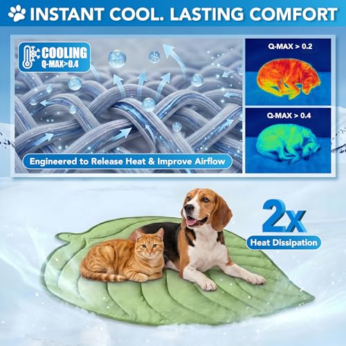 PetAmi Dog Cooling Mat, Leaf Shape, Pet Pad with Cooling Nylon & Soft Fleece, Q-Max > 0.4 Reversible All Season Blanket for Dogs & Cats, Small 32x39 in, Sage Green - color: Sage Green, size: Small