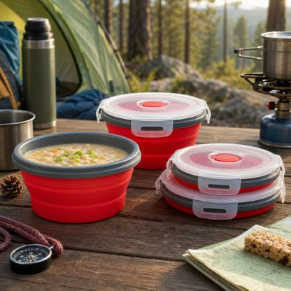 Guyuyii 4 Pack Food-Grade Silicone Collapsible Bowls with Lids for Camping | BPA-Free Round Nesting Set for RV Travel, Hiking, and Outdoor Recreation Activities | Microwave, Freezer, Dishware Safe - color: red