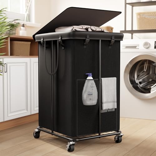 40 Gal Large Laundry Hamper with Lid, Rolling Laundry Basket with Wheels, Oxford Fabric Dirty Clothes Hampers with Removable Laundry Bag & Metal Frame for Bedroom, Laundry Room, Bathroom, Dorm(Black) - color: Black-2