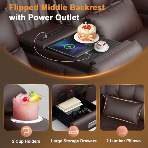 Power RV Loveseat Recliner Sofa, Reclining Loveseats Couch for RV Furniture, Home Theater Seating with Heat Massage, Flip Backrest, USB, Cup Holders, 150° Wall Hugger RV Recliners Sleeper Sofas - color: Flip Back Brown, size: Loveseat-G1-Power